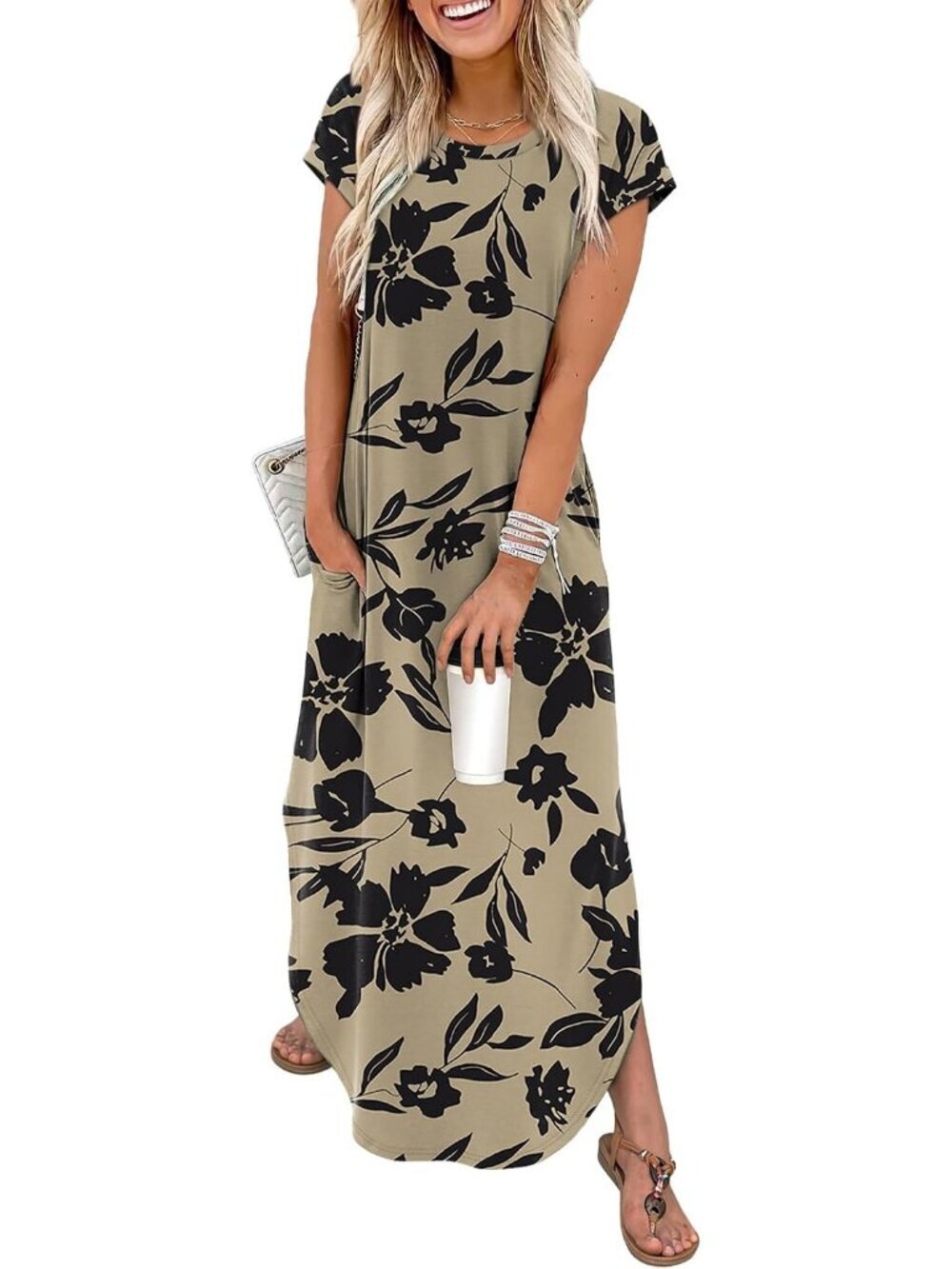 Women's Black Flowers Cap Sleeve Crewneck Pockets Beach Casual Long Maxi Dress